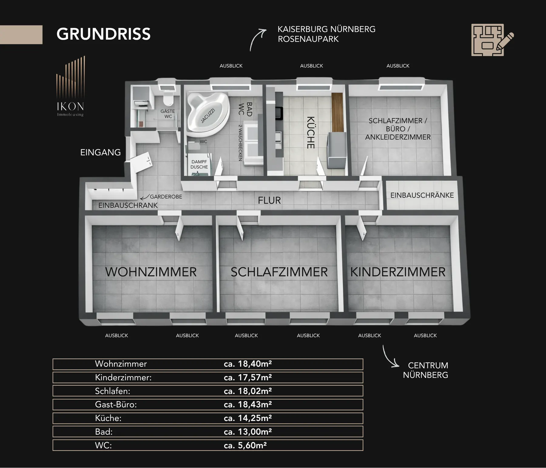 Grundriss der 4-Zimmer-Wohnung mit Flächenangaben