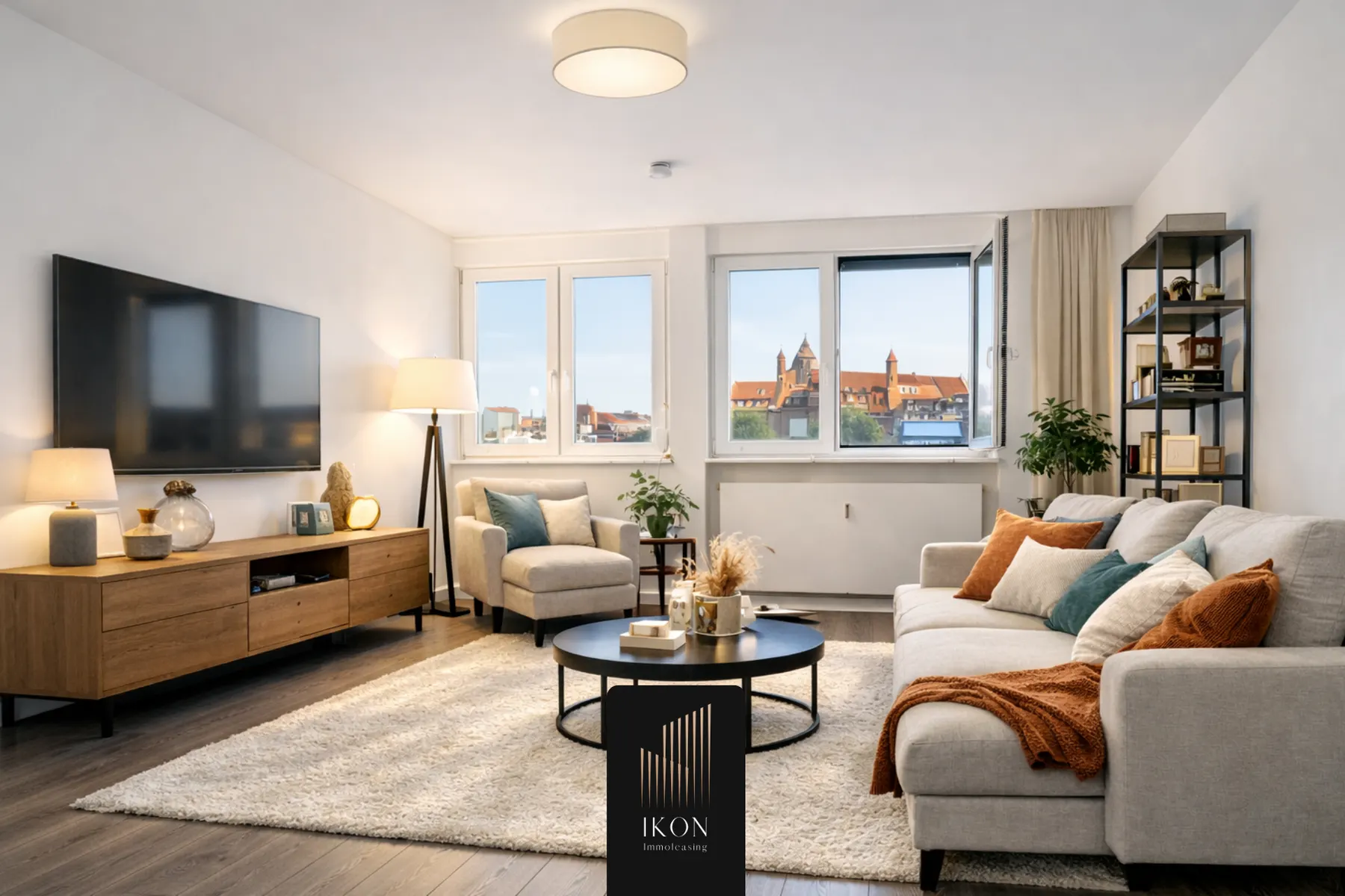 Eingerichtetes Wohnzimmer mit Sofa und Blick auf die Kaiserburg